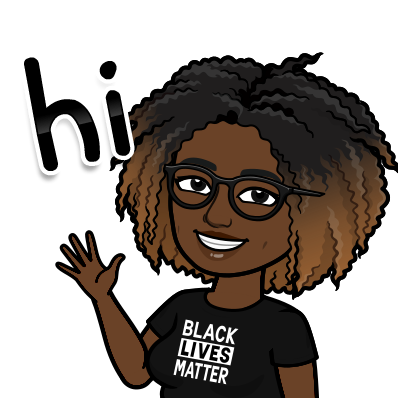 Dark-skinned female bitmoji waving hi, wearing a Black Lives Matter t-shirt, and hi written in black lettering